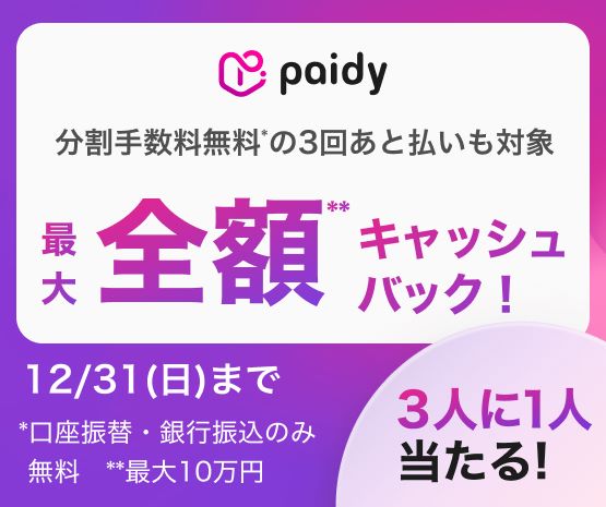 【Paidy】年末キャッシュバックキャンペーン (外部サイトへリンク)