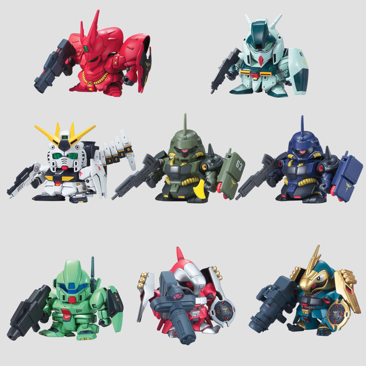 SD Gundam BB Senshi RX-93 Nu Gundam + MSN-04 Sazabi + RGZ-91 Re-GZ(Refined Gundam Zeta) + RGM-89 Jegan + MSN-03 Jagd Doga(Gyunei Guss colors) + MSN-03 Jagd Doga(Quess Paraya / Quess Air colors) + AMS-119 Geara Doga + AMS-119 Geara Doga(Rezin Schnyder Custom)